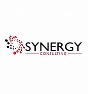 Synergy Consulting logo with black and red circular design on the left and company name in bold black and red text on a white background.