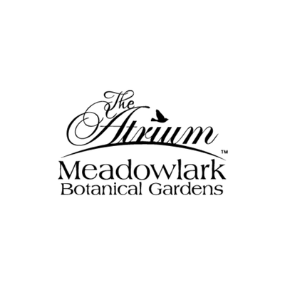 Logo with the words "The Atrium Meadowlark Botanical Gardens" in black script and serif fonts, with a small bird silhouette above the "r" in "Atrium.