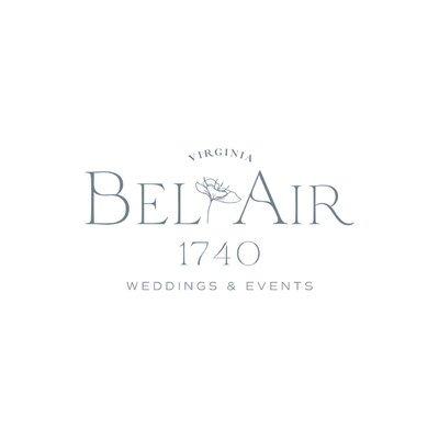 Logo for Bel Air 1740 Weddings & Events, featuring the words "Virginia," "Bel Air 1740," and a simple flower illustration in the center.
