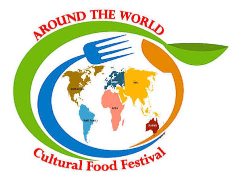 Logo for "Around the World Cultural Food Festival" featuring a globe, fork, spoon, and green leaf design, highlighting different continents. Perfect for promotional materials and digital platforms, this logo is ideal for events incorporating modern features such as Live Streaming for Wedding or multicultural celebrations.