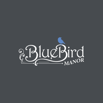 BlueBird Manor logo with stylized text and a blue bird perched on the letter 'B', on a dark gray background.