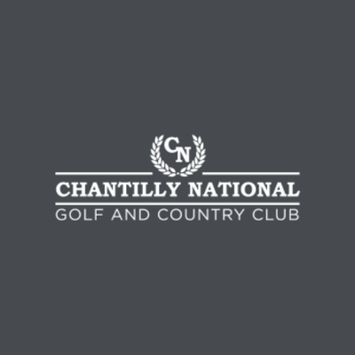 Logo for Chantilly National Golf and Country Club with "CN" in a laurel wreath above the club name on a dark background.