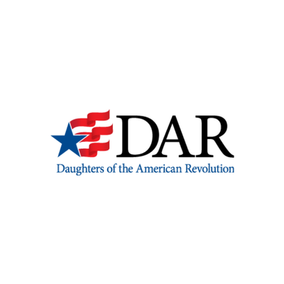 DAR logo with a blue star and red flag stripes to the left of the acronym "DAR," above the text "Daughters of the American Revolution," on a white background.