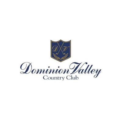 Dominion Valley Country Club logo with a blue and gold shield featuring "DV" above the club name in elegant script on a white background.