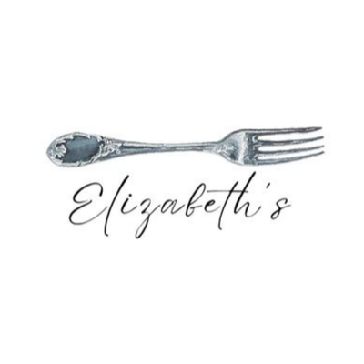 A silver fork is centered above the handwritten word "Elizabeth's" on a white background.