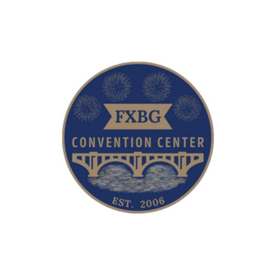 Circular logo with “FXBG Convention Center” text, fireworks, and a bridge illustration; “EST. 2006” appears at the bottom. Navy blue and gold color scheme.