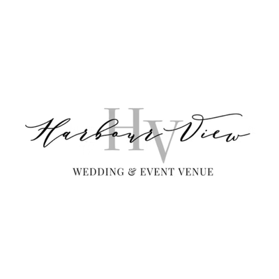 Harbour View logo features "HV" in large letters with "Harbour View" in script above "Wedding & Event Venue" in uppercase serif font on a white background.