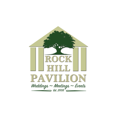 Logo for Rock Hill Pavilion with a tree inside a pavilion structure. Text reads: "Weddings ~ Meetings ~ Events Est. 2005." The design uses green and beige tones.