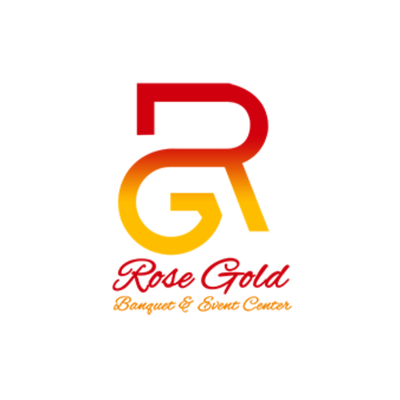 Logo for Rose Gold Banquet & Event Center with stylized "RG" initials in red and gold gradient, and the business name in red and orange script beneath.