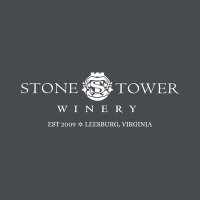 Stone Tower Winery logo with a stylized "S" and castle emblem, and text reading "Est 2009 Leesburg, Virginia" on a dark background.