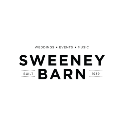 Logo for Sweeney Barn featuring the text "Weddings • Events • Music," "Sweeney Barn," and "Built 1939" on a white background.