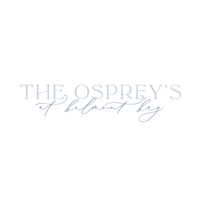 Text logo reads "THE OSPREY'S at Belmont Bay" in light blue serif and script fonts on a white background.