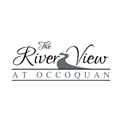 Logo with the words "The River View" in script above "AT OCCOQUAN" in uppercase letters, featuring a stylized river graphic between "River" and "View.