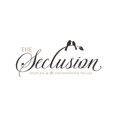 Logo for "The Seclusion," featuring two birds on a branch above elegant script, with the tagline "Nestled in the Shenandoah Valley.