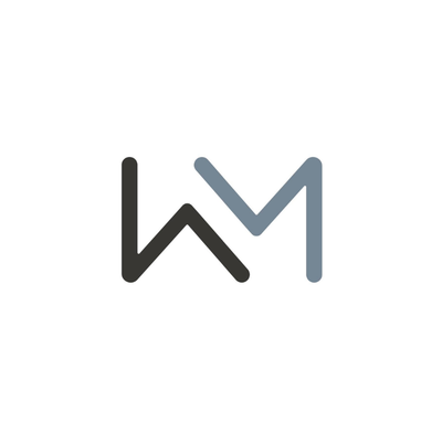 Minimalist logo with two stylized lines forming the overlapping letters "W" in black and "M" in gray on a white background.