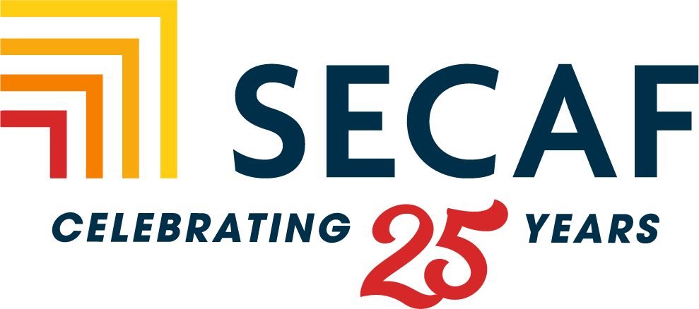 SECAF logo with yellow and orange lines, the text "SECAF," and "Celebrating 25 Years" in blue and red letters on a white background—perfect for events or occasions where special moments, such as Live Streaming for Wedding ceremonies, can be commemorated.
